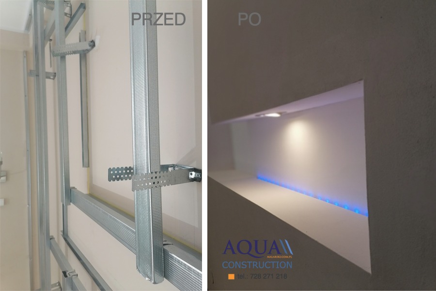 Porównanie stanu ściany przed i po wykonaniu zabudowy z oświetleniem LED, widoczne metalowe profile konstrukcyjne oraz wnęka z białym wykończeniem i niebieskim podświetleniem.