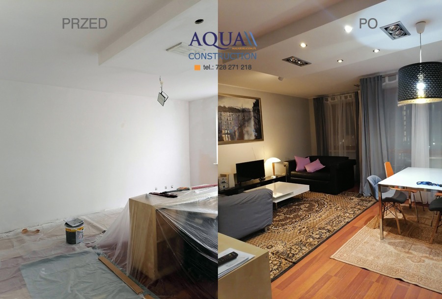 Zdjęcie przedstawia porównanie 'przed' i 'po' remontu pokoju. Po lewej stronie widoczny jest biały, niepomalowany pokój z zabezpieczoną folią podłogą i wiadrem z farbą. Po prawej stronie widać...