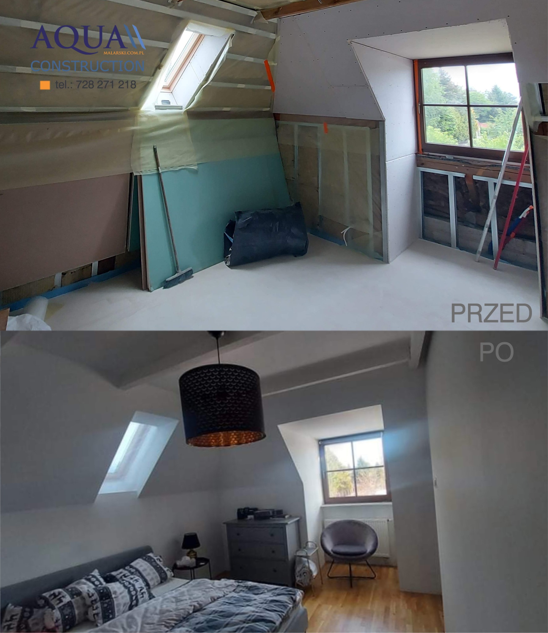 Zdjęcie 'przed i po' przedstawiające adaptację poddasza: surowe ściany z oknem dachowym i pionowym przed remontem, a po remoncie wykończona sypialnia z oknami, łóżkiem i meblami.