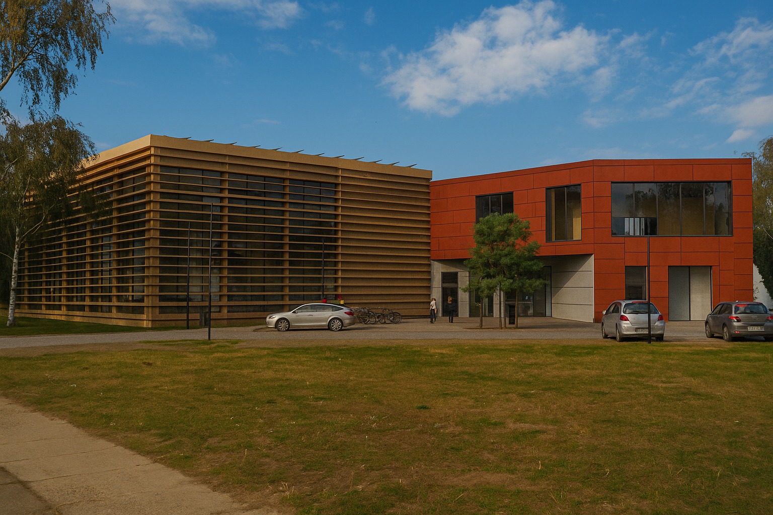 Nowoczesny budynek biurowy z elewacją w odcieniach brązu i pomarańczy, otoczony zielonym trawnikiem, z zaparkowanymi samochodami i rowerami. Architektura minimalistyczna.