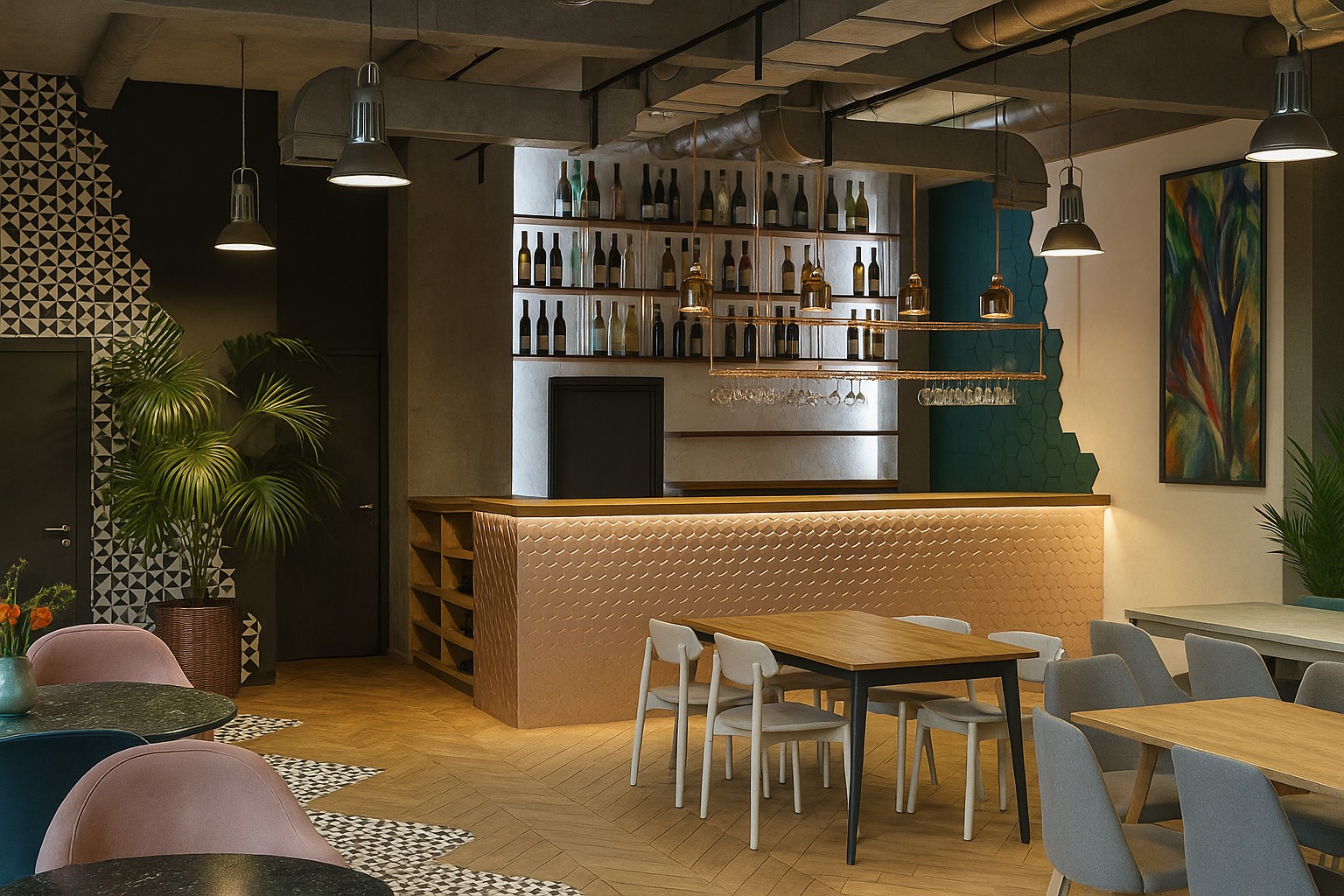 Nowoczesne wnętrze baru z oświetloną ladą z dekoracyjnym wzorem, półkami na butelki i szklanki, stolikami z krzesłami oraz roślinami doniczkowymi.