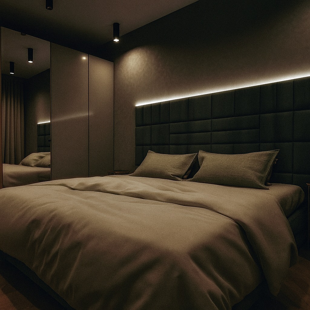 Nowoczesna sypialnia z dużym łóżkiem, tapicerowanym zagłówkiem z podświetleniem LED i lustrzaną szafą. Stonowana kolorystyka, punktowe oświetlenie sufitowe.