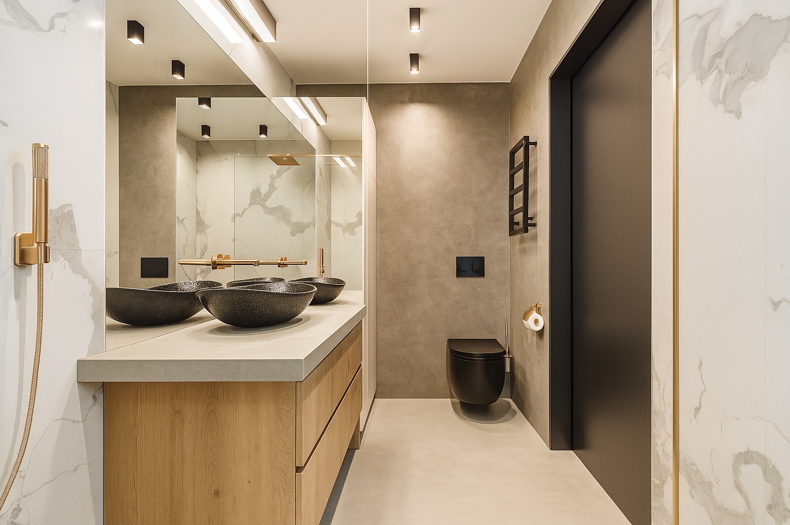 Nowoczesna łazienka z dwoma czarnymi umywalkami na drewnianej szafce, czarną toaletą i grzejnikiem. Minimalistyczny design, szare ściany i marmurowe płytki.