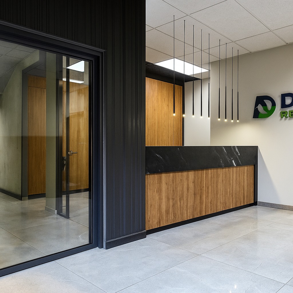 Nowoczesne biuro z recepcją: drewno i marmur. Minimalistyczne lampy wiszące, szklane drzwi. Stonowana kolorystyka, elegancki design.