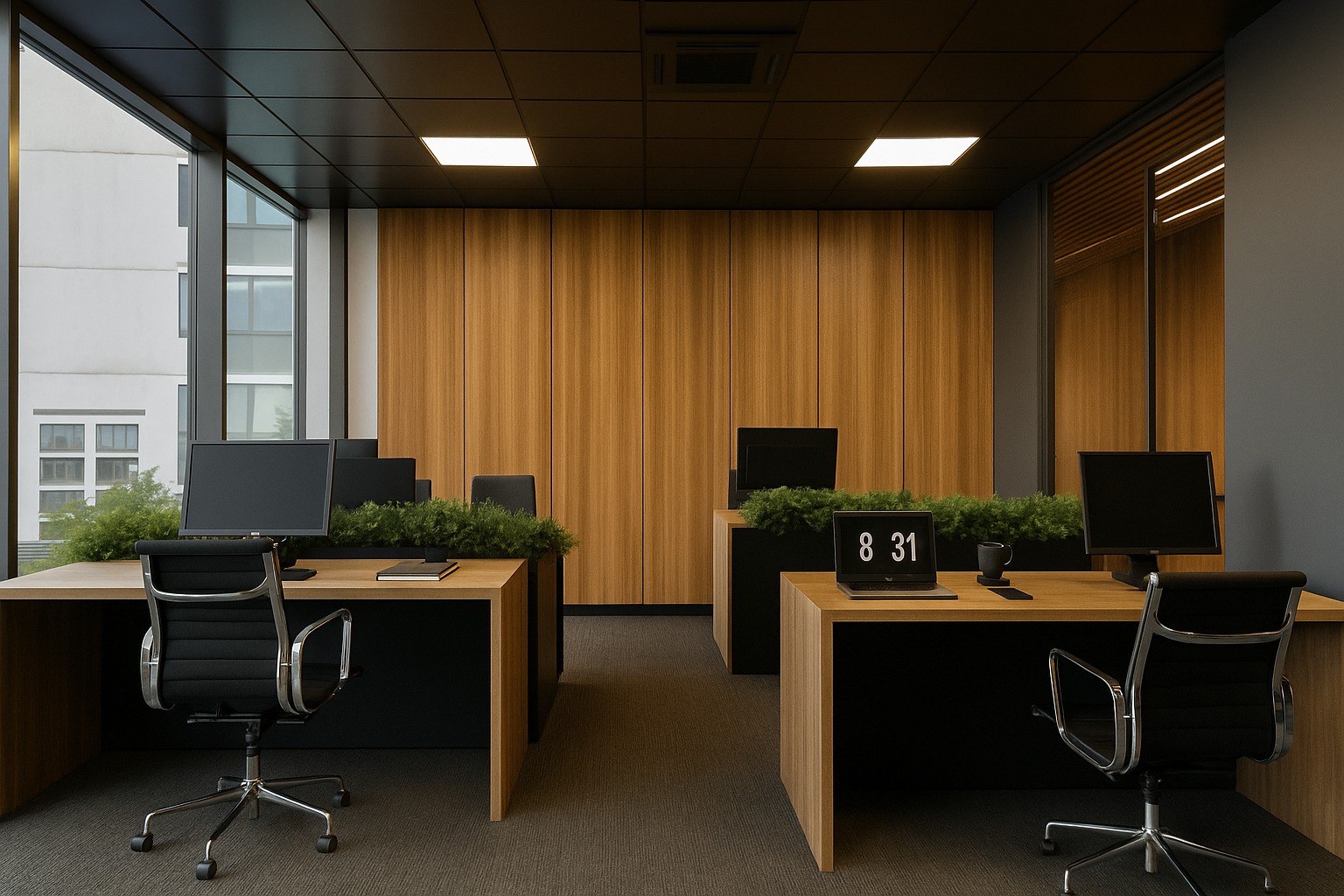 Nowoczesne biuro z drewnianymi biurkami, czarnymi krzesłami i zielenią. Minimalistyczny design z oknami na budynek. Laptop pokazuje godzinę 8:31.