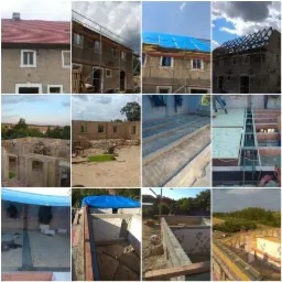 Kompozycja zdjęć przedstawiających różne etapy budowy i remontu domu: od konstrukcji szkieletu dachu, przez murowanie ścian, po ocieplenie poddasza i wykończenie.