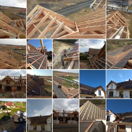 Kolaż zdjęć z budowy dachu: konstrukcja drewniana, izolacja, montaż łat i kontrłat, widok na okolicę z dachu.