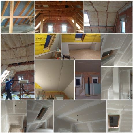 Kolaż zdjęć przedstawiający różne etapy prac związanych z izolacją i wykończeniem poddasza, w tym widoczne drewniane konstrukcje, wełna mineralna, płyty gipsowo-kartonowe oraz okna dachowe.