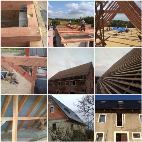 Kolaż zdjęć przedstawiających różne etapy budowy dachu, w tym konstrukcję drewnianą, montaż łat i kontrłat oraz widok gotowego dachu z oknami dachowymi.