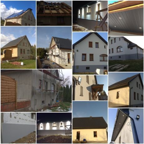 Kompozycja zdjęć przedstawiających różne etapy prac budowlanych i wykończeniowych domów, w tym konstrukcję więźby, ocieplenie ścian, elewacje w trakcie renowacji, montaż oświetlenia zewnętrznego...