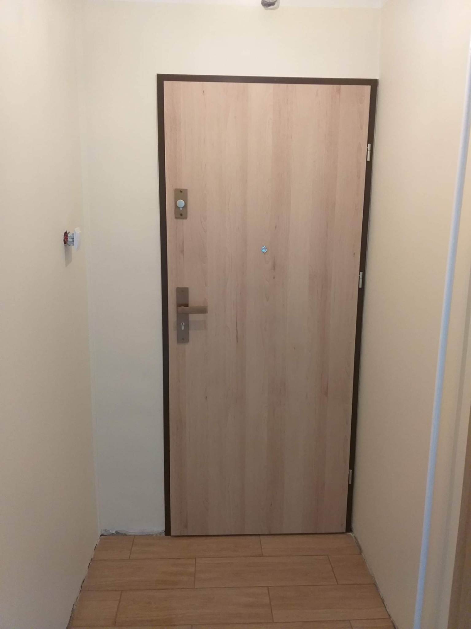 Zamknięte drzwi wejściowe z wizjerem i brązową ramą, zamontowane w jasnym korytarzu z panelami podłogowymi imitującymi drewno.