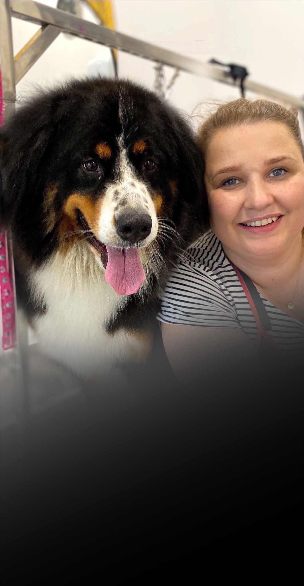 Uśmiechnięta kobieta w bluzce w paski pozuje z dużym, czarno-biało-rudym psem z wywieszonym językiem, stojącym na metalowym stole.