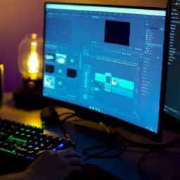 Stanowisko pracy z dwoma monitorami, na jednym z nich otwarty program do edycji wideo z widoczną osią czasu, podświetlana klawiatura, lampka naftowa i puszka Pepsi w tle.