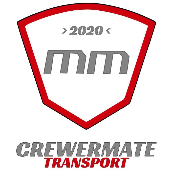 Logo firmy transportowej Crewmate Transport z rokiem założenia 2020, umieszczone w czerwonej tarczy.