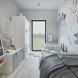 UJMA Architekci Justyna Ujma - Wizualizacja pokoju dziecięcego z biurkiem i krzesłami w kształcie królików, tablicą kredową z rysunkiem chmury, szafą z niebieskimi uchwytami i tapetą z motywem leśnych zwierząt.