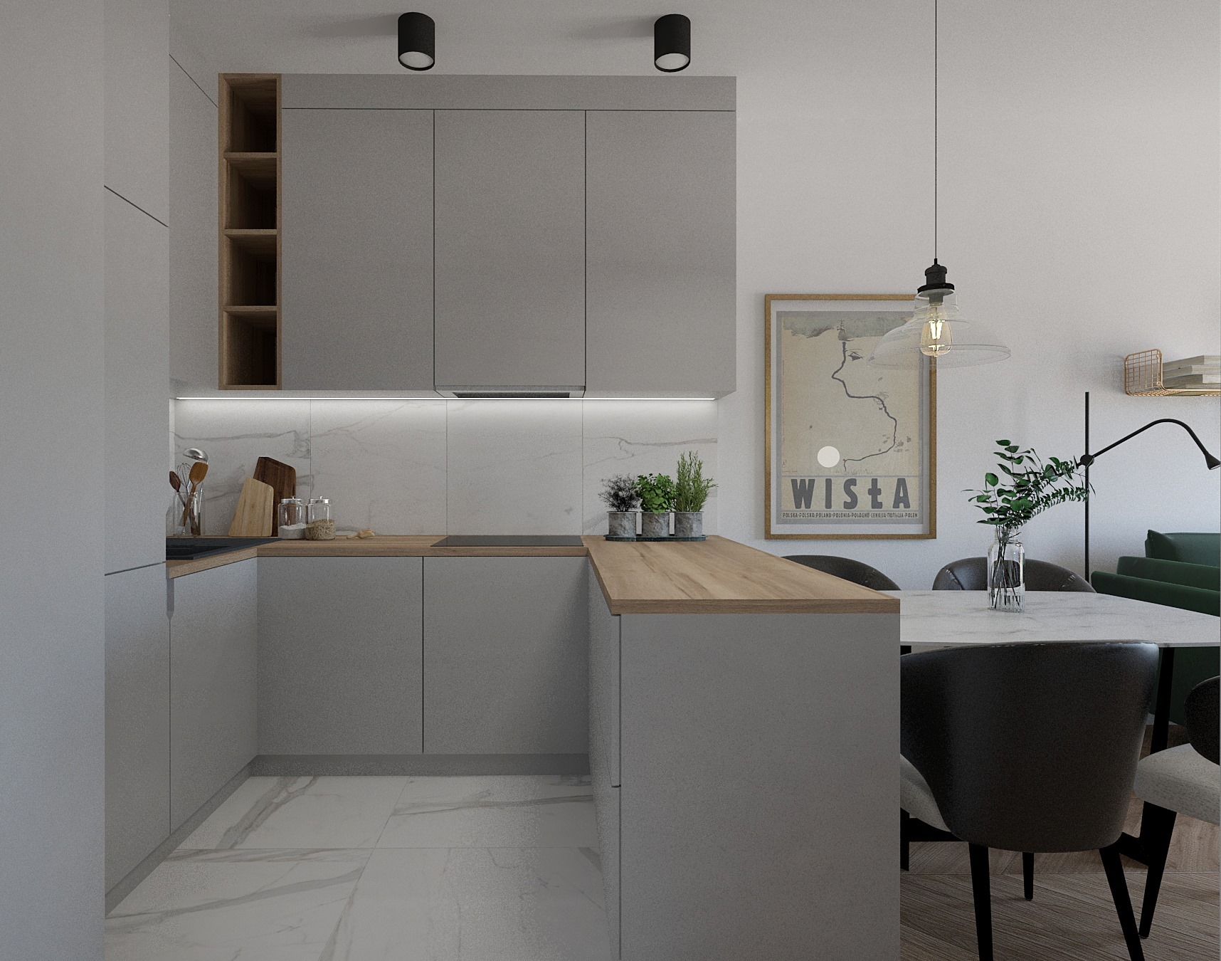 Nowoczesna kuchnia w szarościach z drewnianymi akcentami, marmurowym backsplashiem i podłogą, oświetlona wiszącą lampą w stylu industrialnym, uzupełniona plakatem 'Wisła' w ramie.