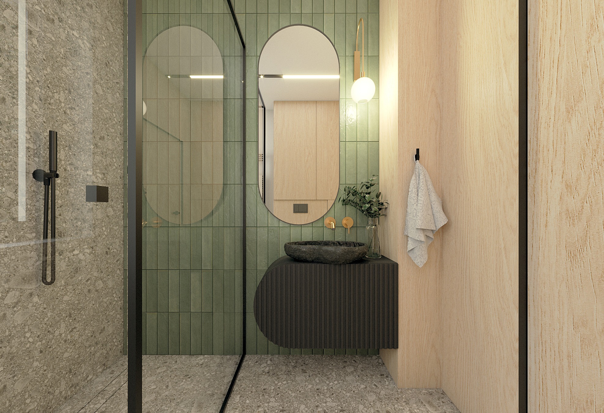 Nowoczesna łazienka z zielonymi płytkami ułożonymi pionowo, kamienną umywalką na czarnej szafce z ryflowanym frontem, okrągłym lustrem z oświetleniem, szklaną kabiną prysznicową i drewnianą ścianą...
