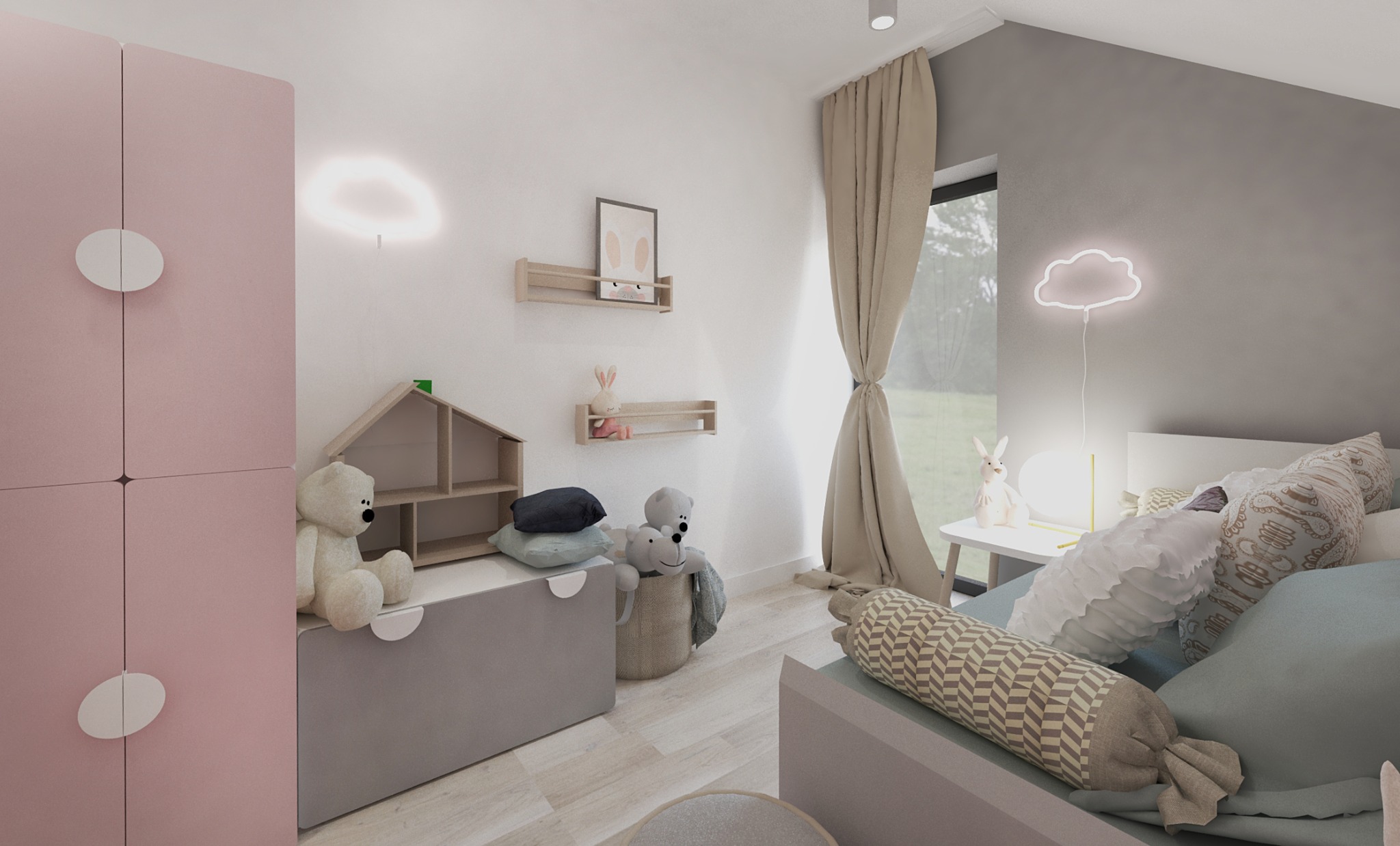 Jasny pokój dziecięcy z pastelowymi meblami, pluszowymi zabawkami, lampką w kształcie chmurki i dekoracjami ściennymi z motywem króliczków.