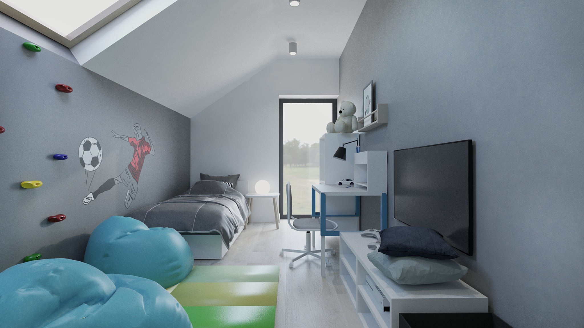 Pokój młodzieżowy na poddaszu z ścianką wspinaczkową, rysunkiem piłkarza na ścianie, biurkiem z niebieskimi elementami i pufami w kolorze turkusowym.
