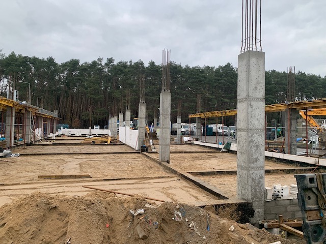 Wykop pod fundamenty budynku z widocznymi betonowymi słupami z wystającą stalą zbrojeniową, szalunki i ciężki sprzęt w tle, teren budowy otoczony lasem.