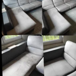 Por&oacute;wnanie stanu kanapy narożnej we Wrocławiu przed i po praniu, widoczne wyraźne usunięcie zabrudzeń na jasnej tapicerce.