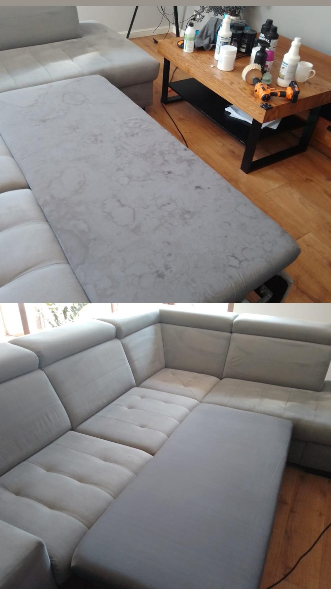 Dwuczęściowe ujęcie szarej, narożnej kanapy: górna część pokazuje fragment przed czyszczeniem z widocznymi plamami, dolna część prezentuje czysty fragment po zabiegu; na drewnianym stoliku obok...