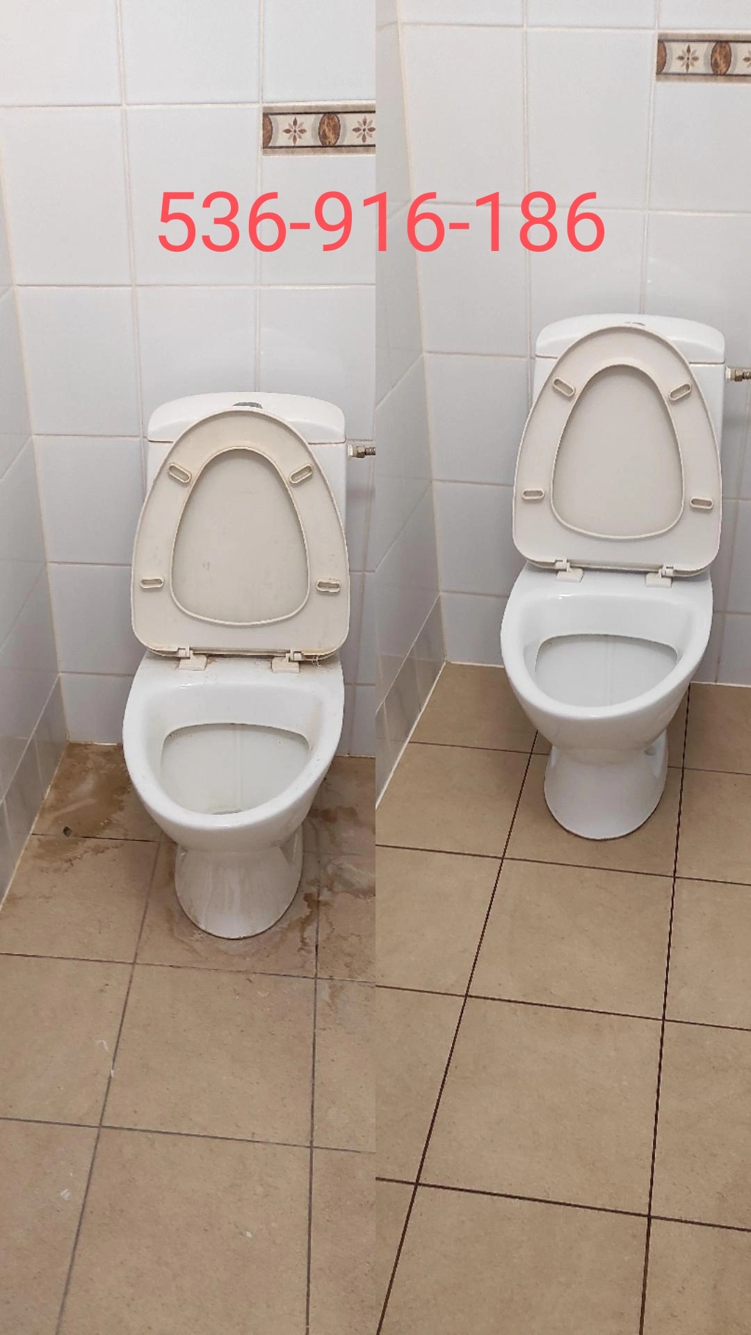 Porównanie toalet przed i po czyszczeniu. Po lewej stronie widoczny brud na podłodze i na toalecie, po prawej czysta toaleta i podłoga. Na zdjęciu widoczny numer telefonu.