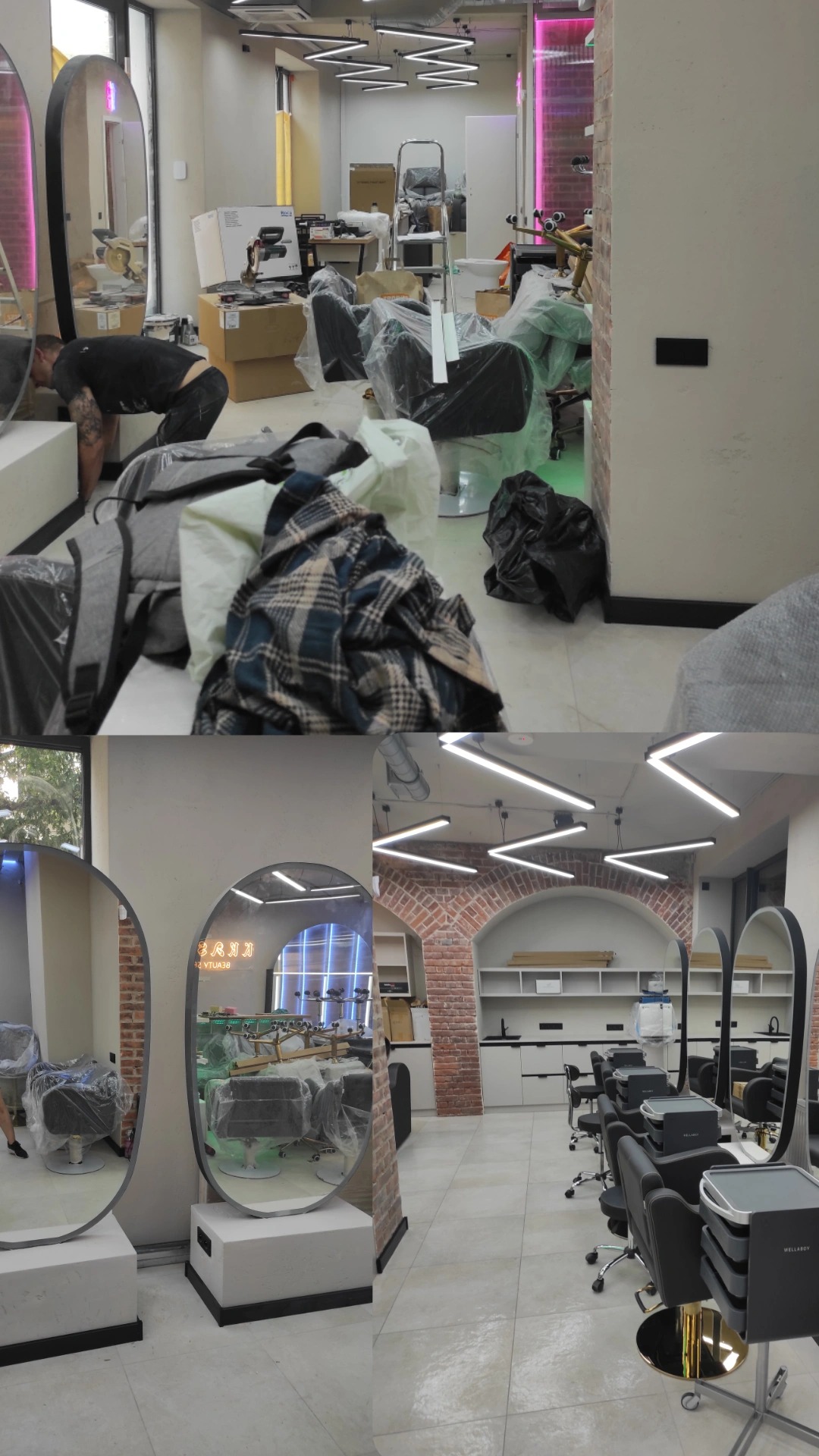 Wnętrze salonu kosmetycznego w trakcie sprzątania po remoncie, widoczne fotele kosmetyczne zabezpieczone folią, kartony, osoba sprzątająca w tle oraz gotowe stanowiska z lustrami i krzesłami
