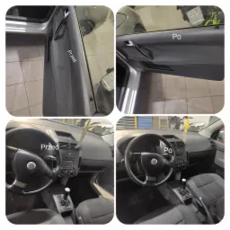 Kolaż przedstawiający wnętrze samochodu przed i po czyszczeniu, widoczne różnice w czystości tapicerki drzwi i kokpitu, z uwzględnieniem detali takich jak kierownica i deska rozdzielcza.