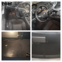 Porównanie wnętrza samochodu BMW przed i po czyszczeniu: widoczna różnica w czystości dywaników i tapicerki oraz bagażnika z zamontowanym wzmacniaczem.