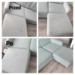 Czteropanelowe ujęcie narożnika z jasną tapicerką przed i po praniu, widoczne plamy i przebarwienia usunięte, tło z paneli podłogowych.