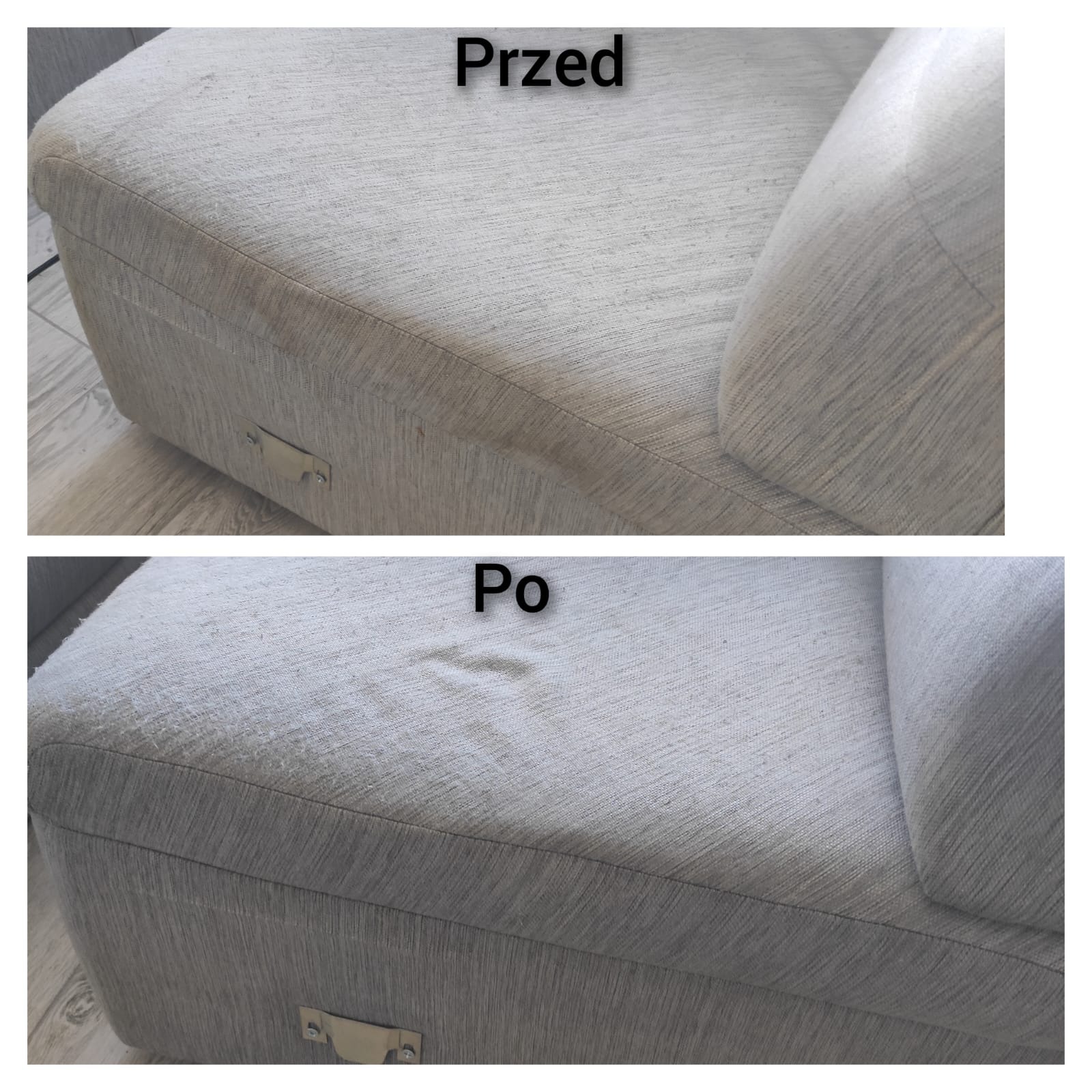 Tapicerowany podnóżek z widocznymi plamami przed i po czyszczeniu, ukazujący różnicę w wyglądzie tkaniny.