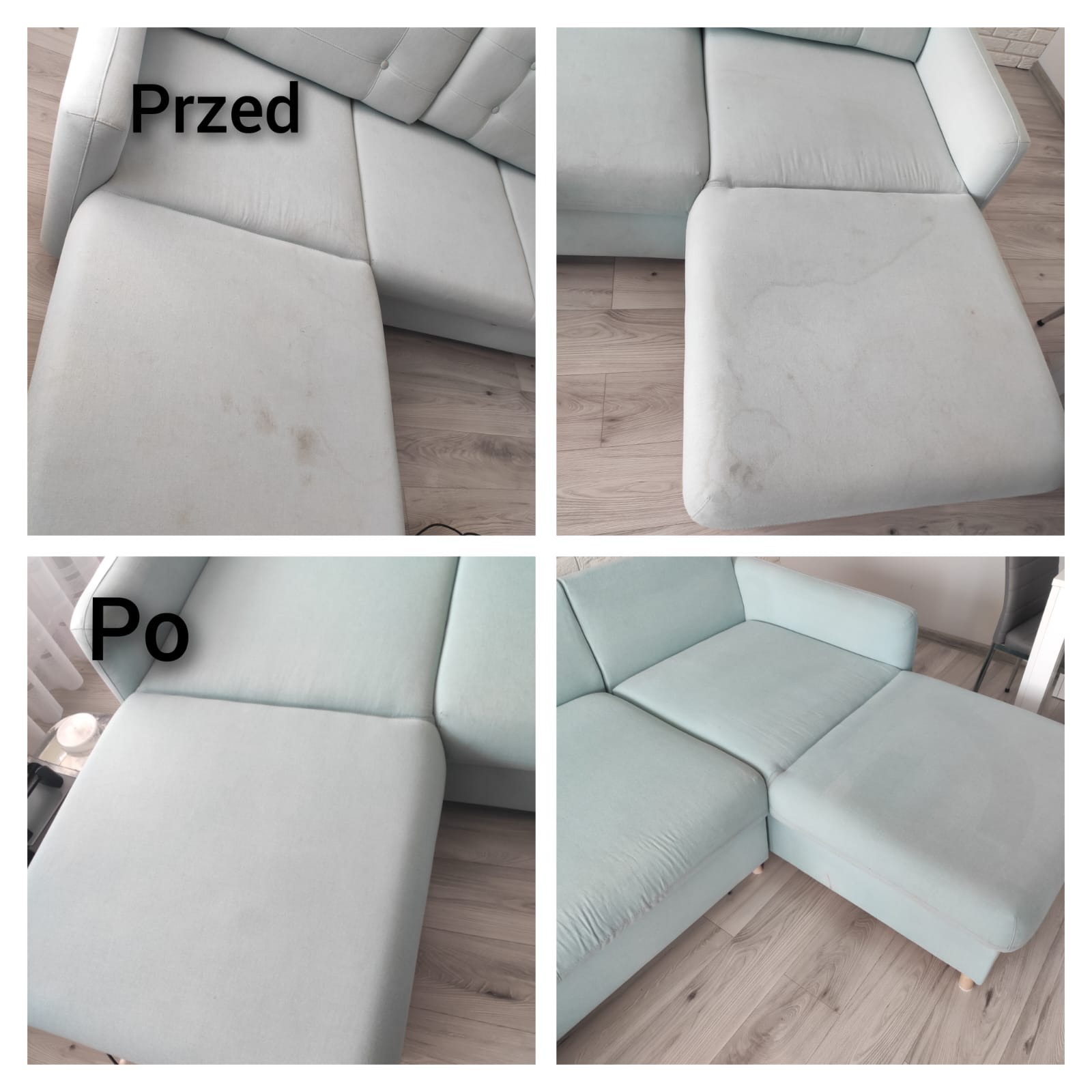 Czteropanelowe ujęcie narożnika z jasną tapicerką przed i po praniu, widoczne plamy i przebarwienia usunięte, tło z paneli podłogowych.