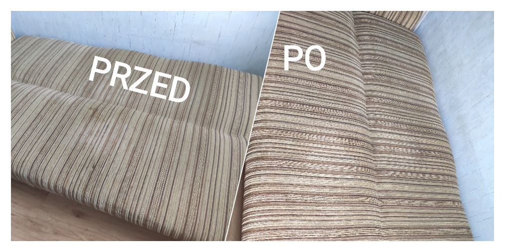 Porównanie stanu tapicerowanego elementu mebla w paski, przed i po czyszczeniu, widoczne wyraźne usunięcie zabrudzeń.