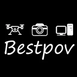 Minimalistyczne logo firmy Bestpov z ikonami drona, aparatu fotograficznego i komputera na czarnym tle.