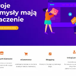 Ilustracja koncepcyjna przedstawiająca projektowanie interfejsu użytkownika w Sanoku: kobieta prezentuje grafikę, a mężczyzna kod, obaj na tle stylizowanego ekranu urządzenia.