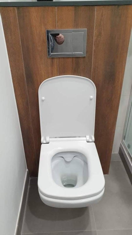 Biała toaleta wisząca z otwartą klapą na tle drewnianej obudowy ze srebrnym przyciskiem spłukiwania, widoczny fragment szarej podłogi i kabiny prysznicowej.