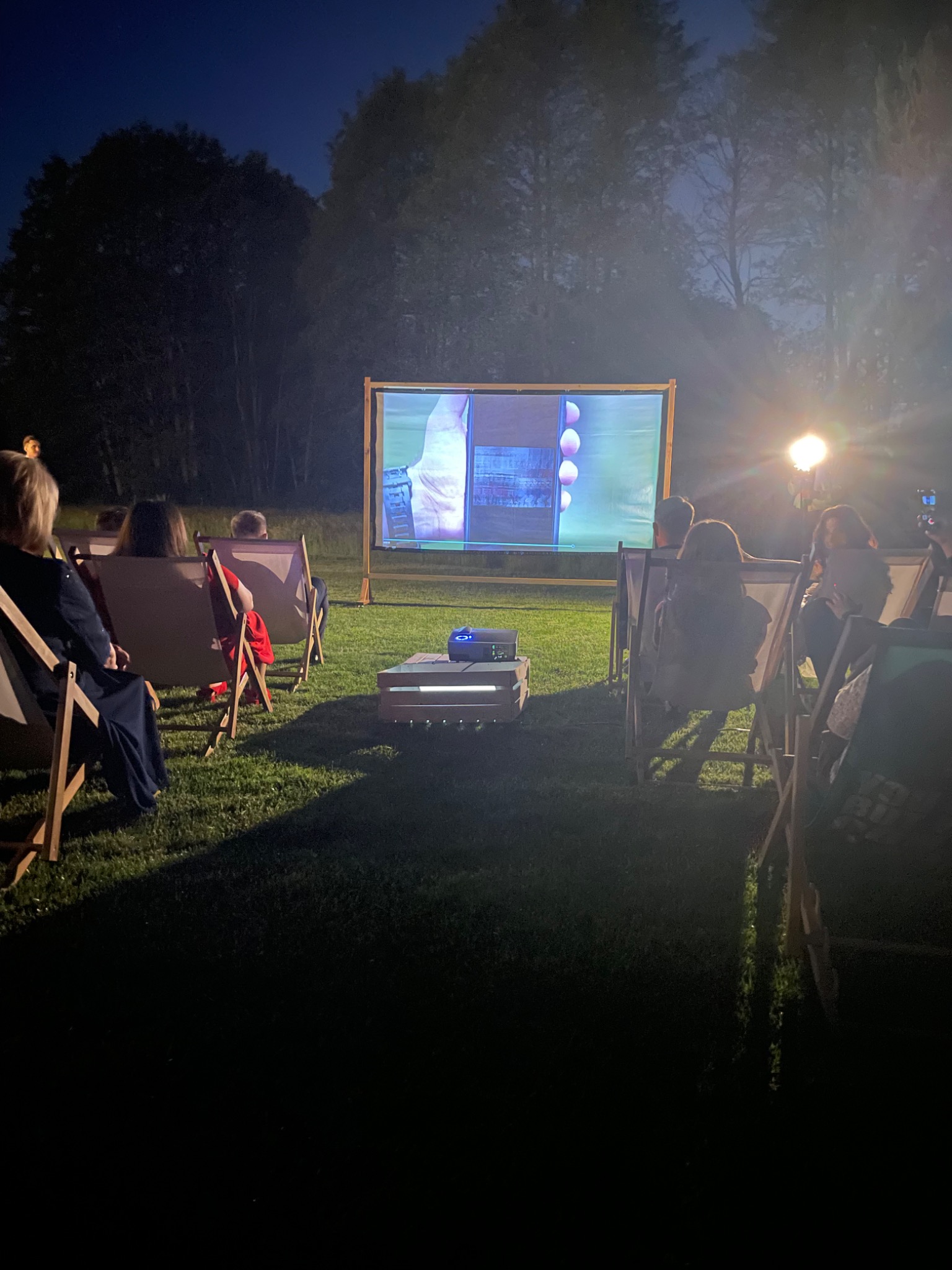 Kino plenerowe na trawie: widzowie siedzą w leżakach przed ekranem projekcyjnym, na którym wyświetlany jest film, oświetlonym przez reflektor, w tle drzewa i wieczorne niebo.