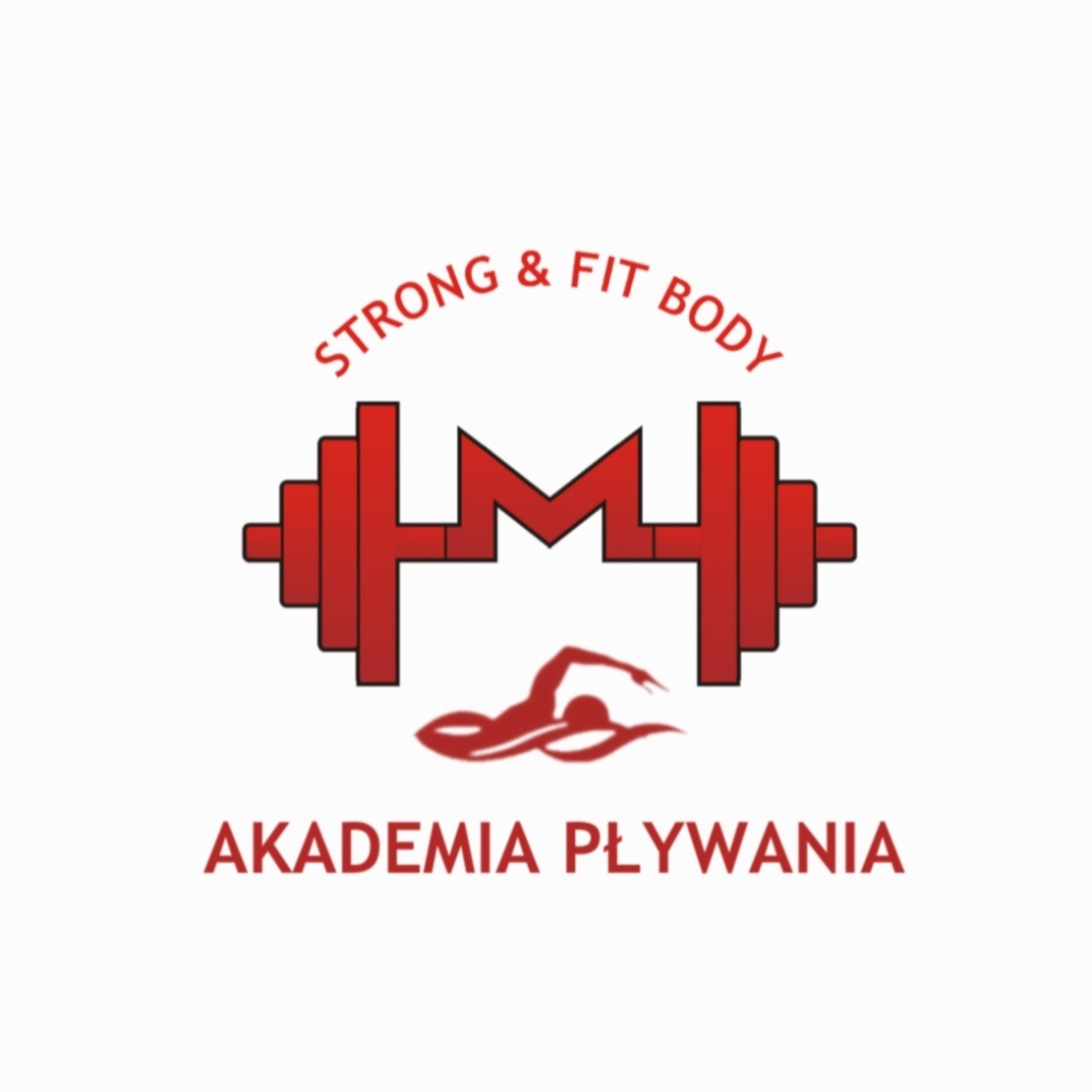 Logo Akademii Pływania 'Strong & Fit Body' z sylwetką pływaka i stylizowaną sztangą w kolorze czerwonym.