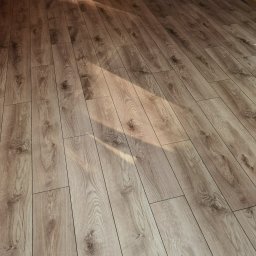 Silver Hands - Ukończona podłoga z paneli laminowanych o wzorze jasnego dębu, ułożona wzdłuż, z widocznym fragmentem ściany z tapetą w liście w tle, oświetlona naturalnym światłem tworzącym smugę na powierzchni.