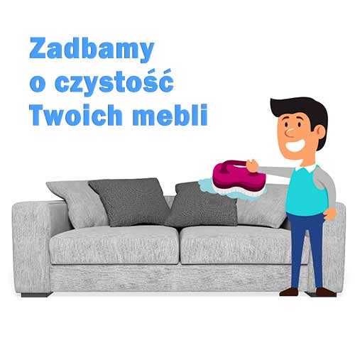 Kreskówkowa ilustracja przedstawiająca mężczyznę czyszczącego szarą kanapę za pomocą urządzenia do czyszczenia tapicerki, obok napis 'Zadbamy o czystość Twoich mebli'.