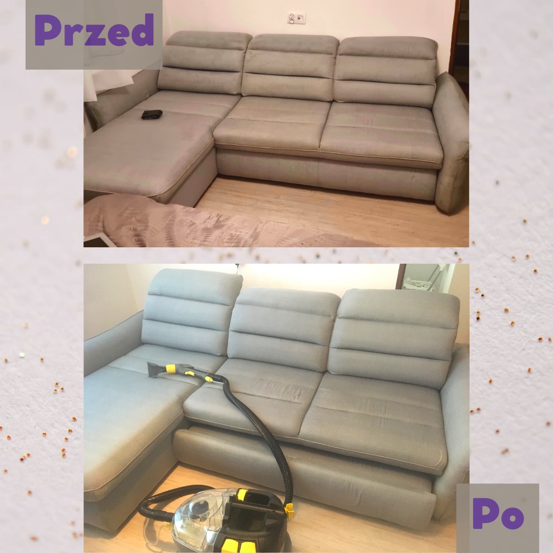 Porównanie: narożnik z szarej tapicerki przed i po praniu. Górne zdjęcie pokazuje zabrudzony narożnik, dolne zdjęcie przedstawia narożnik w trakcie czyszczenia z użyciem odkurzacza piorącego.