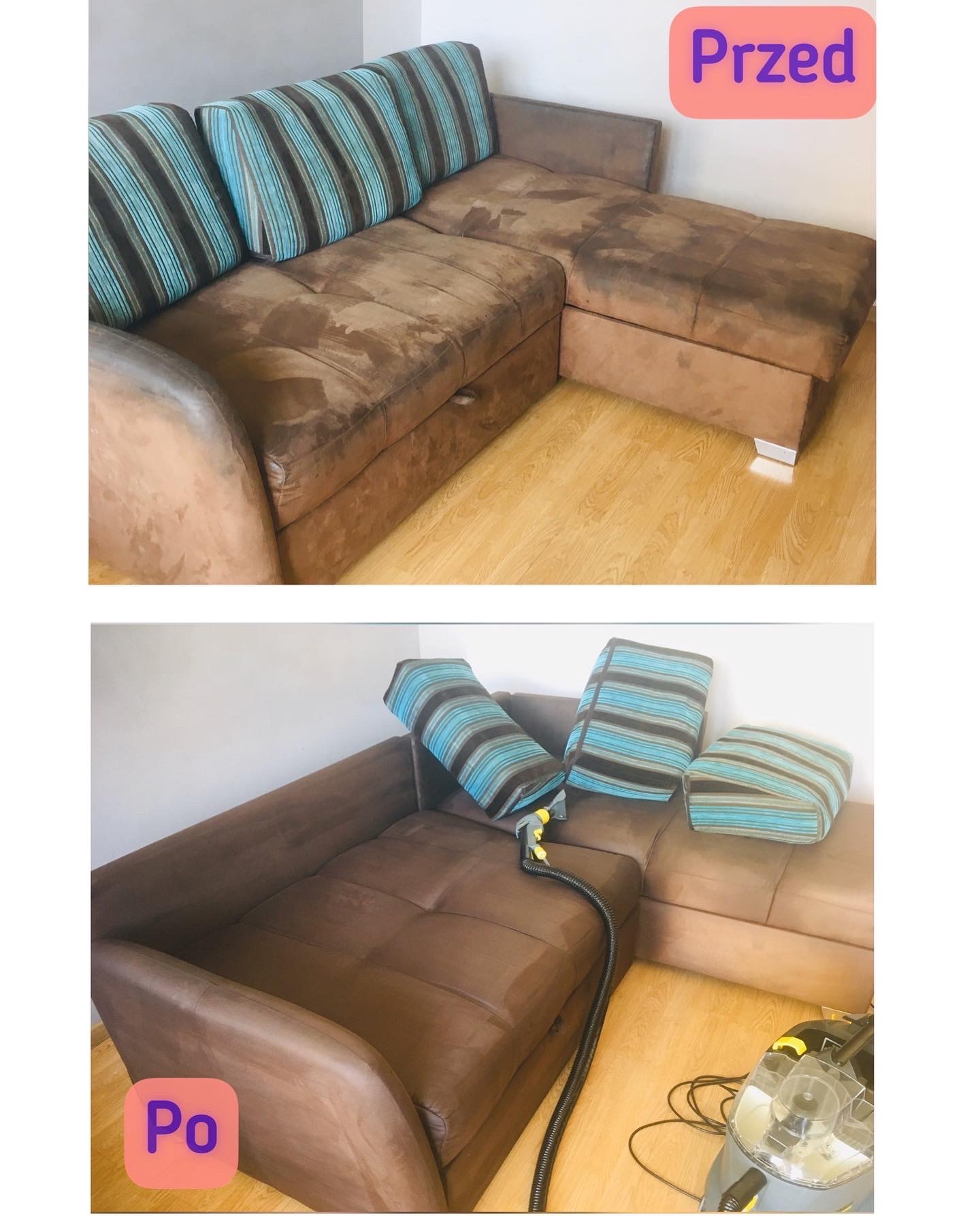 Dwuetapowe ujęcie narożnika z brązowej tkaniny: część górna pokazuje mebel silnie zabrudzony, a część dolna po wyczyszczeniu, z odłożonymi poduszkami w paski i widocznym odkurzaczem piorącym.