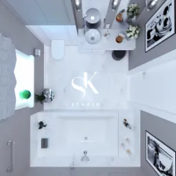 Wizualizacja łazienki z perspektywy lotu ptaka, marmurowe płytki, dwie umywalki nablatowe, wanna, toaleta, okno z roślinami i dekoracje, w neutralnej palecie barw.