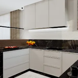 Wizualizacja nowoczesnej kuchni z białymi szafkami, blatem z czarnego marmuru, owocami w misach i czarną lampą liniową pod sufitem.