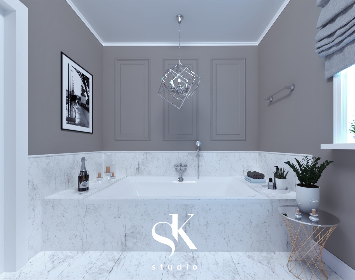 Wizualizacja łazienki w odcieniach szarości z białą wanną obłożoną marmurem, ozdobiona geometryczną lampą wiszącą, obrazem w czarnej ramie i rośliną doniczkową na stoliku pomocniczym.