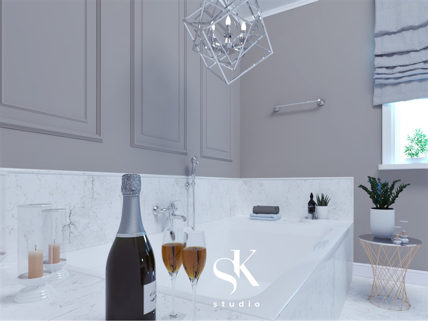 Elegancka łazienka w odcieniach szarości z marmurowym wykończeniem, butelką szampana i kieliszkami na wannie, geometryczna lampa wisząca, roleta rzymska przy oknie.