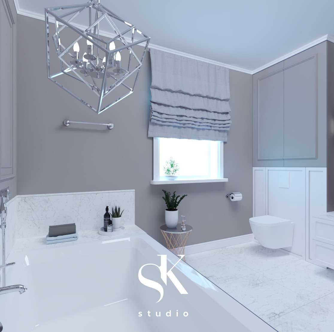 Wizualizacja nowoczesnej łazienki w Poznaniu z białą wanną, marmurową obudową i geometryczną lampą sufitową, okno z roletą rzymską i rośliną doniczkową.