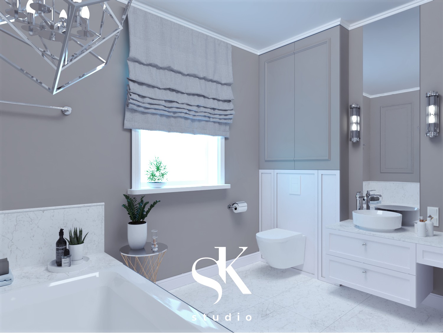 Wizualizacja łazienki w odcieniach szarości, z marmurową posadzką i białymi meblami, okno z roletą rzymską i dekoracyjnym oświetleniem.