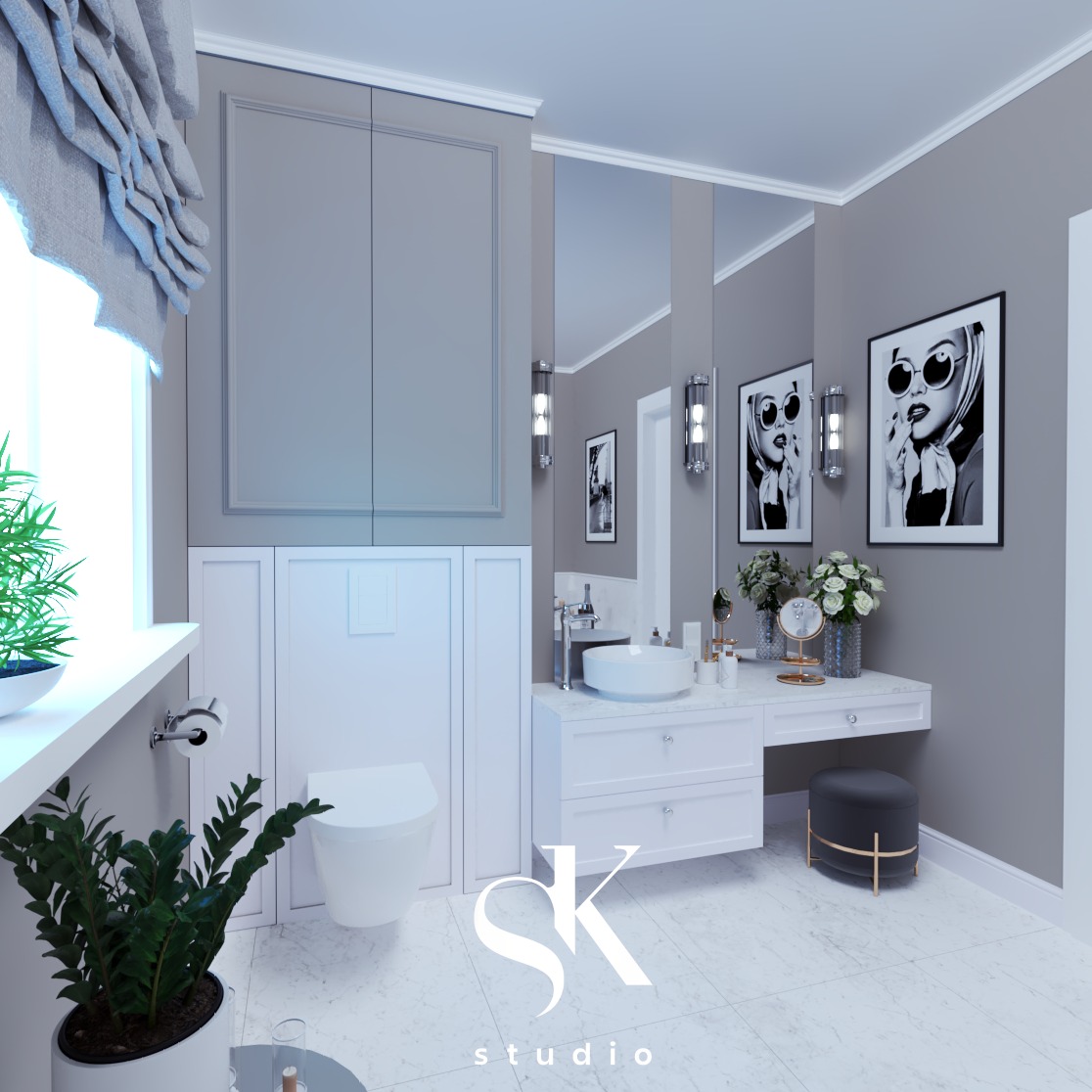 Wizualizacja łazienki w odcieniach szarości i bieli z marmurową podłogą, toaletą w zabudowie, umywalką nablatową na białej szafce z szufladami, lustrem, dekoracyjnymi lampami ściennymi...